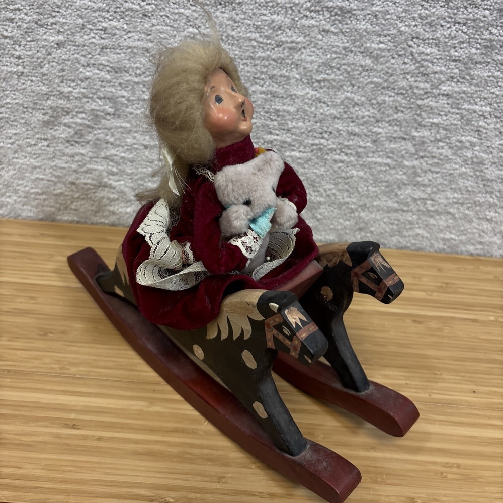 Byers Choice Christmas Carolers Girl On Rocking Horse W/ Teddy Bear Figurine VTG
